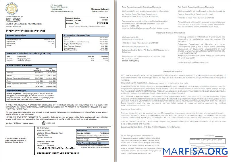 Realistic Bahamas Central Bank bank mortgage statement, 2 pages,1 2 scr example